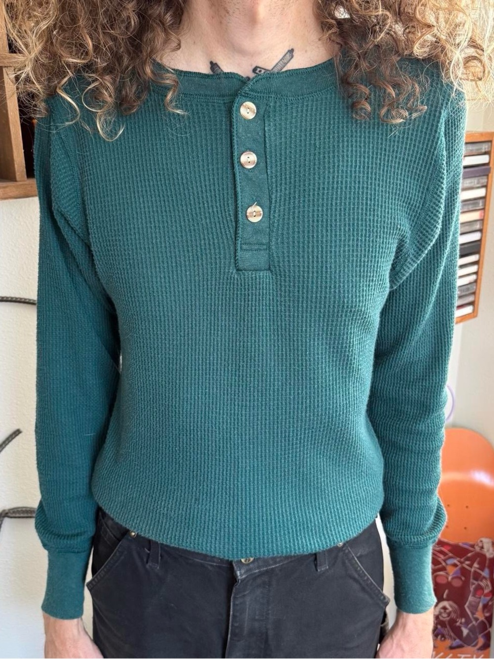 Vintage 80s Forest Green Henley Waffle Thermal JE Morgan ~ Size XL